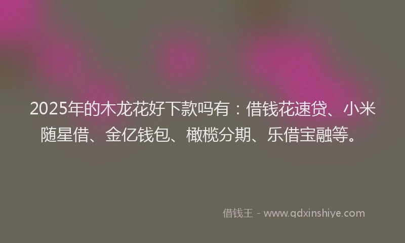 2025年的木龙花好下款吗有：借钱花速贷、小米随星借、金亿钱包、橄榄分期、乐借宝融等。