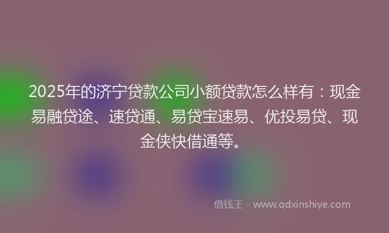 2025年的济宁贷款公司小额贷款怎么样有：现金易融贷途、速贷通、易贷宝速易、优投易贷、现金侠快借通等。