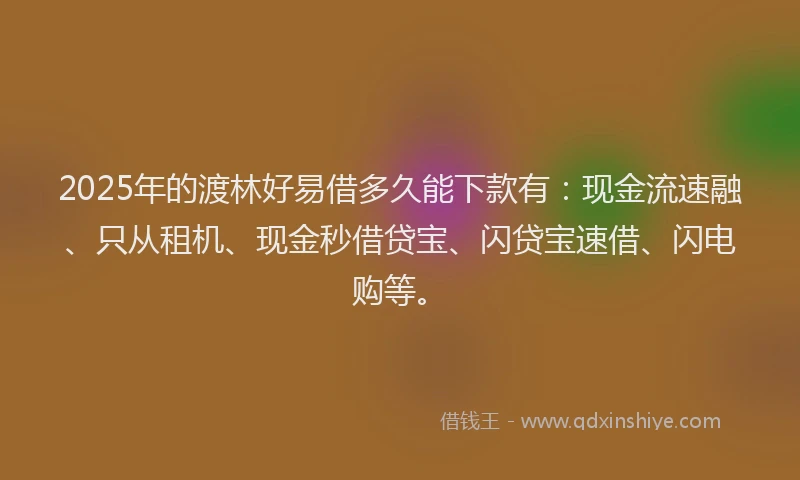 2025年的渡林好易借多久能下款有：现金流速融、只从租机、现金秒借贷宝、闪贷宝速借、闪电购等。