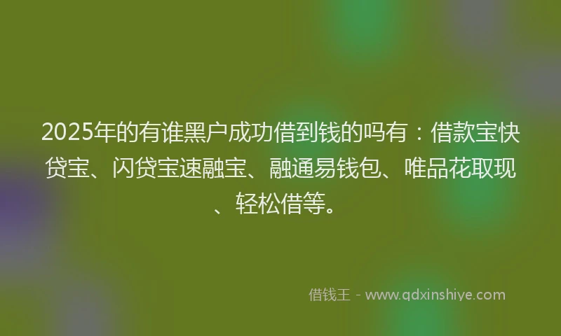 2025年的有谁黑户成功借到钱的吗有:借款宝快贷宝、闪贷宝速融宝、融通易钱包、唯品花取现、轻松借等。