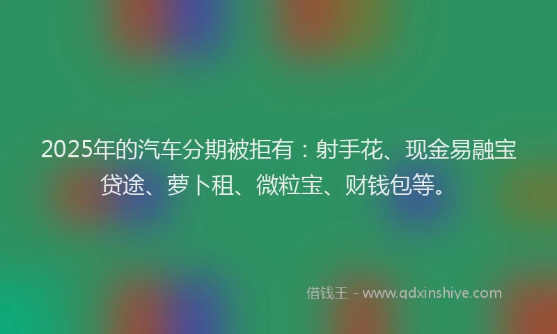 2025年的汽车分期被拒有：射手花、现金易融宝贷途、萝卜租、微粒宝、财钱包等。