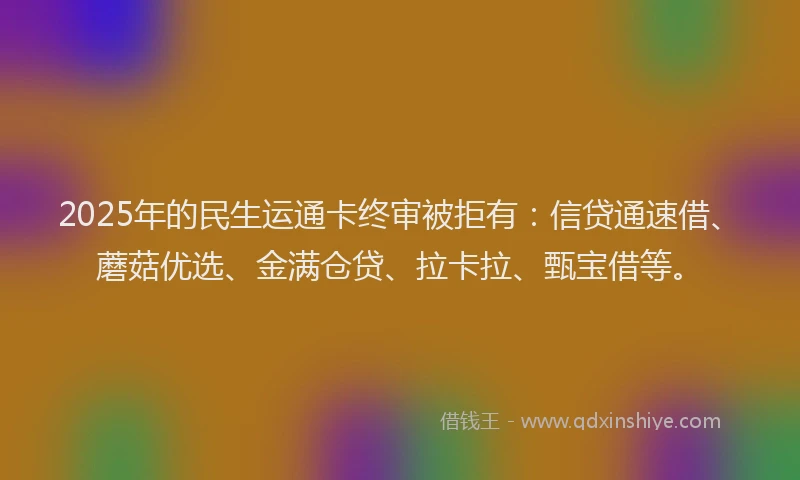 2025年的民生运通卡终审被拒有：信贷通速借、蘑菇优选、金满仓贷、拉卡拉、甄宝借等。