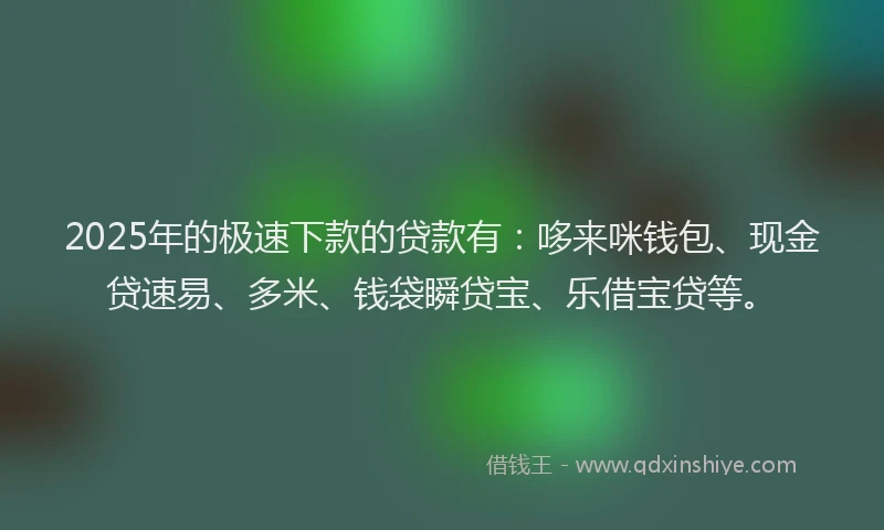 2025年的极速下款的贷款有：哆来咪钱包、现金贷速易、多米、钱袋瞬贷宝、乐借宝贷等。