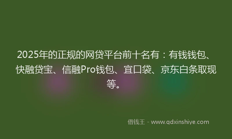 2025年的正规的网贷平台前十名有：有钱钱包、快融贷宝、信融Pro钱包、宜口袋、京东白条取现等。