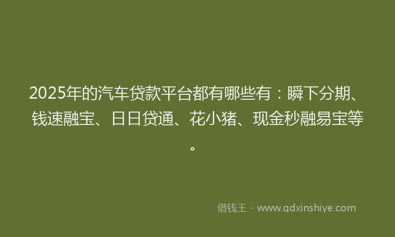 2025年的汽车贷款平台都有哪些有：瞬下分期、钱速融宝、日日贷通、花小猪、现金秒融易宝等。