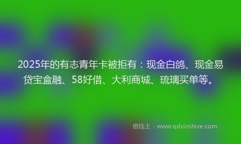 2025年的有志青年卡被拒有：现金白鸽、现金易贷宝盒融、58好借、大利商城、琉璃买单等。