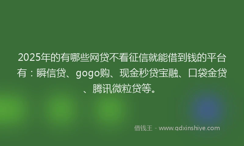 2025年的有哪些网贷不看征信就能借到钱的平台有:瞬信贷、gogo购、现金秒贷宝融、口袋金贷、腾讯微粒贷等。
