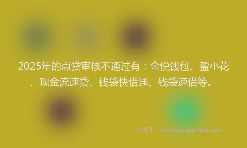 2025年的点贷审核不通过有：金悦钱包、盈小花、现金流速贷、钱袋快借通、钱袋速借等。