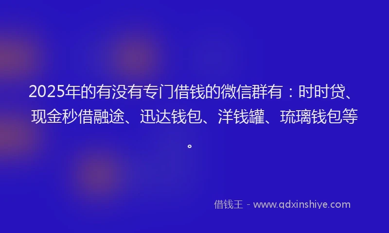 2025年的有没有专门借钱的微信群有：时时贷、现金秒借融途、迅达钱包、洋钱罐、琉璃钱包等。
