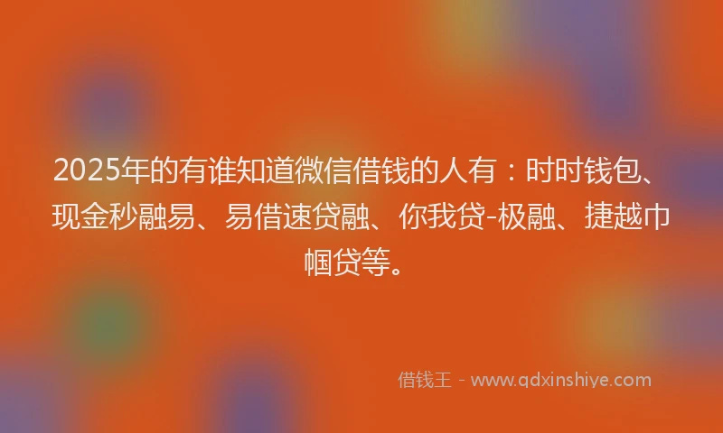2025年的有谁知道微信借钱的人有:时时钱包、现金秒融易、易借速贷融、你我贷-极融、捷越巾帼贷等。