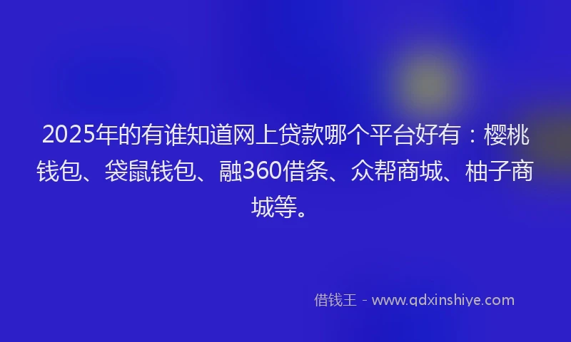 2025年的有谁知道网上贷款哪个平台好有:樱桃钱包、袋鼠钱包、融360借条、众帮商城、柚子商城等。