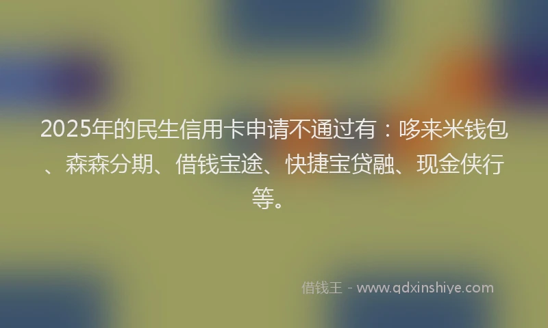 2025年的民生信用卡申请不通过有：哆来米钱包、森森分期、借钱宝途、快捷宝贷融、现金侠行等。