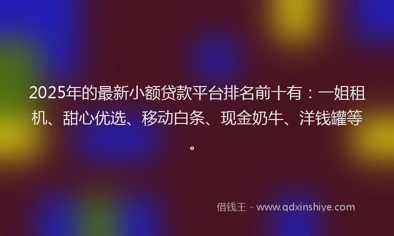 2025年的最新小额贷款平台排名前十有：一姐租机、甜心优选、移动白条、现金奶牛、洋钱罐等。