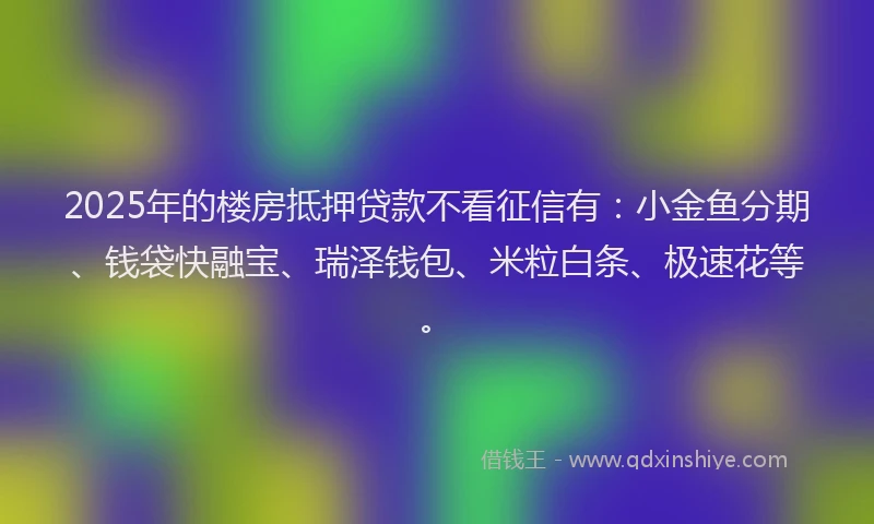 2025年的楼房抵押贷款不看征信有：小金鱼分期、钱袋快融宝、瑞泽钱包、米粒白条、极速花等。