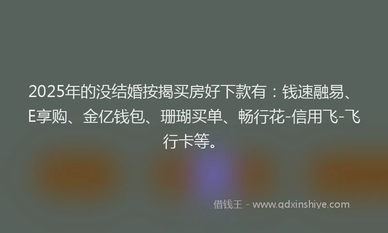 2025年的没结婚按揭买房好下款有：钱速融易、E享购、金亿钱包、珊瑚买单、畅行花-信用飞-飞行卡等。