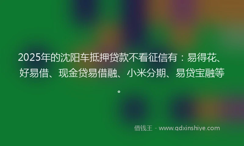 2025年的沈阳车抵押贷款不看征信有：易得花、好易借、现金贷易借融、小米分期、易贷宝融等。