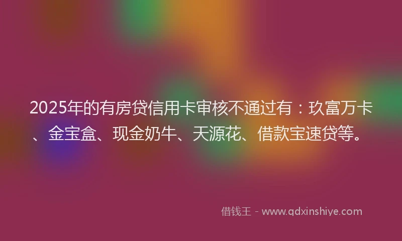2025年的有房贷信用卡审核不通过有：玖富万卡、金宝盒、现金奶牛、天源花、借款宝速贷等。