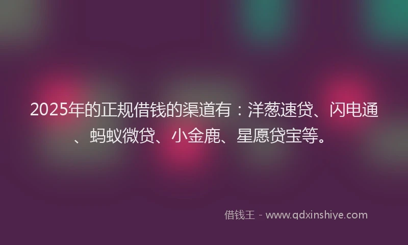 2025年的正规借钱的渠道有：洋葱速贷、闪电通、蚂蚁微贷、小金鹿、星愿贷宝等。