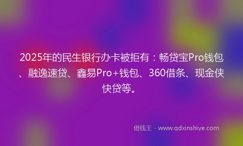 2025年的民生银行办卡被拒有：畅贷宝Pro钱包、融逸速贷、鑫易Pro+钱包、360借条、现金侠快贷等。