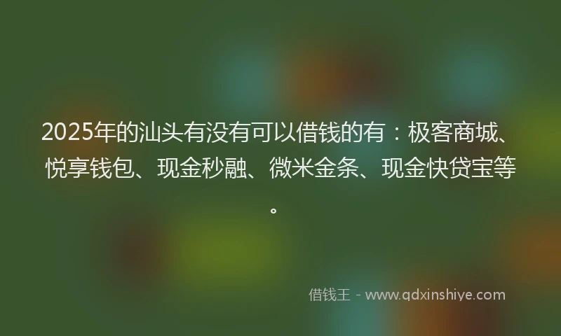 2025年的汕头有没有可以借钱的有：极客商城、悦享钱包、现金秒融、微米金条、现金快贷宝等。