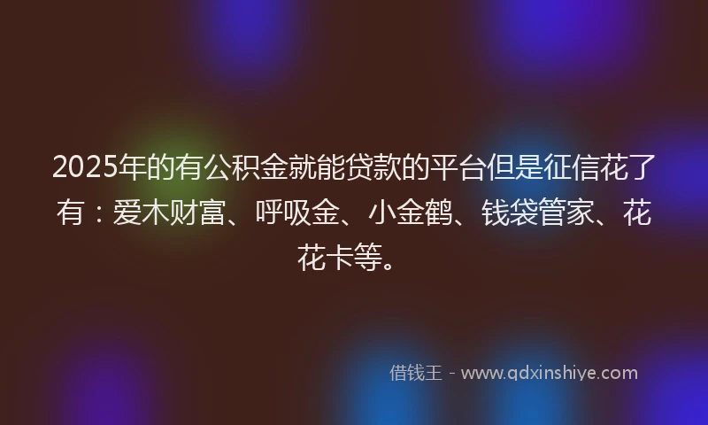 2025年的有公积金就能贷款的平台但是征信花了有：爱木财富、呼吸金、小金鹤、钱袋管家、花花卡等。