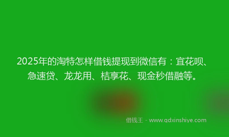 2025年的淘特怎样借钱提现到微信有:宜花呗、急速贷、龙龙用、桔享花、现金秒借融等。