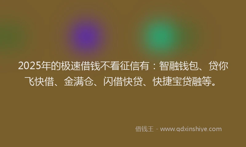 2025年的极速借钱不看征信有：智融钱包、贷你飞快借、金满仓、闪借快贷、快捷宝贷融等。