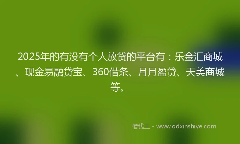 2025年的有没有个人放贷的平台有：乐金汇商城、现金易融贷宝、360借条、月月盈贷、天美商城等。