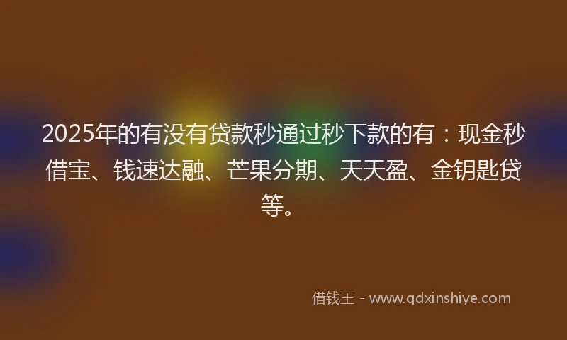 2025年的有没有贷款秒通过秒下款的有：现金秒借宝、钱速达融、芒果分期、天天盈、金钥匙贷等。