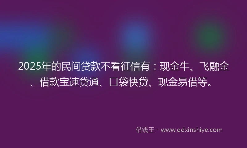 2025年的民间贷款不看征信有：现金牛、飞融金、借款宝速贷通、口袋快贷、现金易借等。