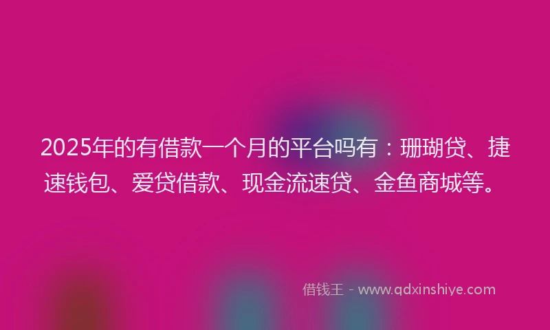 2025年的有借款一个月的平台吗有：珊瑚贷、捷速钱包、爱贷借款、现金流速贷、金鱼商城等。