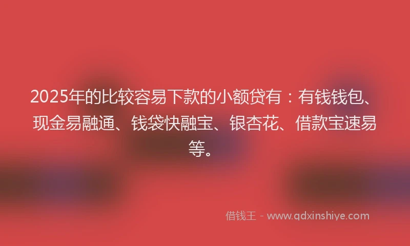 2025年的比较容易下款的小额贷有:有钱钱包、现金易融通、钱袋快融宝、银杏花、借款宝速易等。