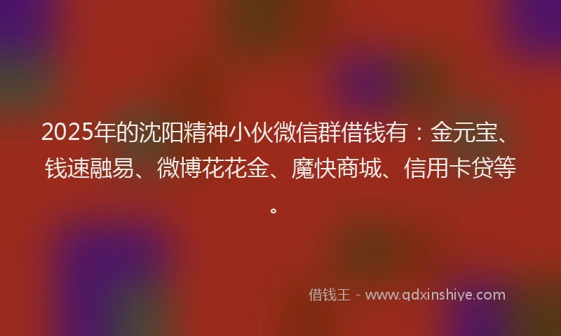 2025年的沈阳精神小伙微信群借钱有：金元宝、钱速融易、微博花花金、魔快商城、信用卡贷等。