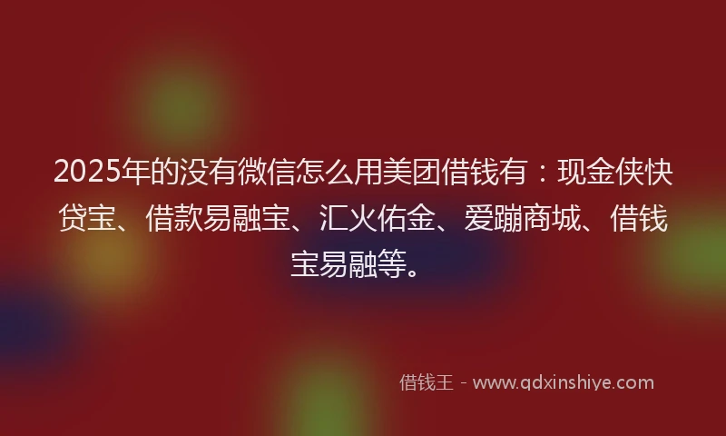 2025年的没有微信怎么用美团借钱有:现金侠快贷宝、借款易融宝、汇火佑金、爱蹦商城、借钱宝易融等。