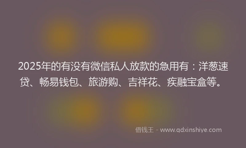 2025年的有没有微信私人放款的急用有：洋葱速贷、畅易钱包、旅游购、吉祥花、疾融宝盒等。