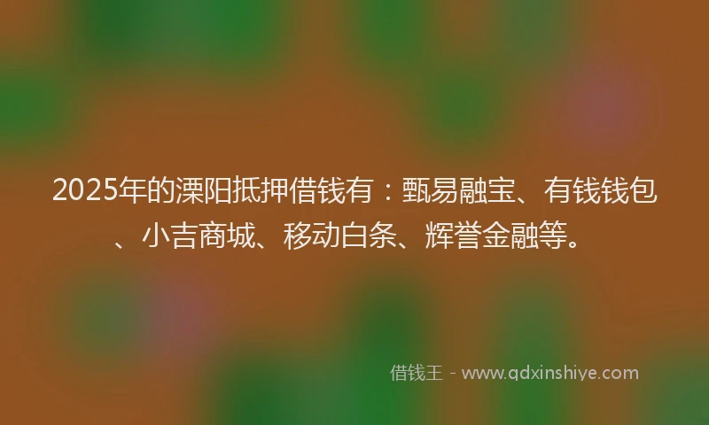 2025年的溧阳抵押借钱有：甄易融宝、有钱钱包、小吉商城、移动白条、辉誉金融等。