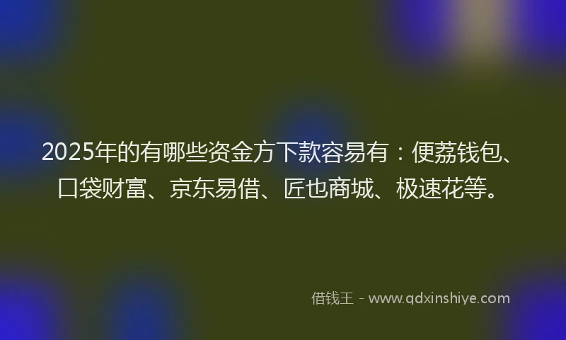 2025年的有哪些资金方下款容易有：便荔钱包、口袋财富、京东易借、匠也商城、极速花等。