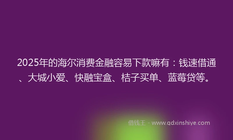 2025年的海尔消费金融容易下款嘛有：钱速借通、大城小爱、快融宝盒、桔子买单、蓝莓贷等。