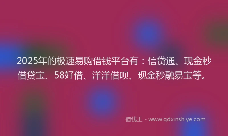 2025年的极速易购借钱平台有：信贷通、现金秒借贷宝、58好借、洋洋借呗、现金秒融易宝等。