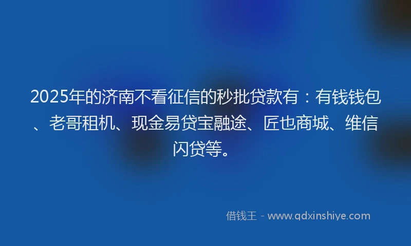 2025年的济南不看征信的秒批贷款有：有钱钱包、老哥租机、现金易贷宝融途、匠也商城、维信闪贷等。