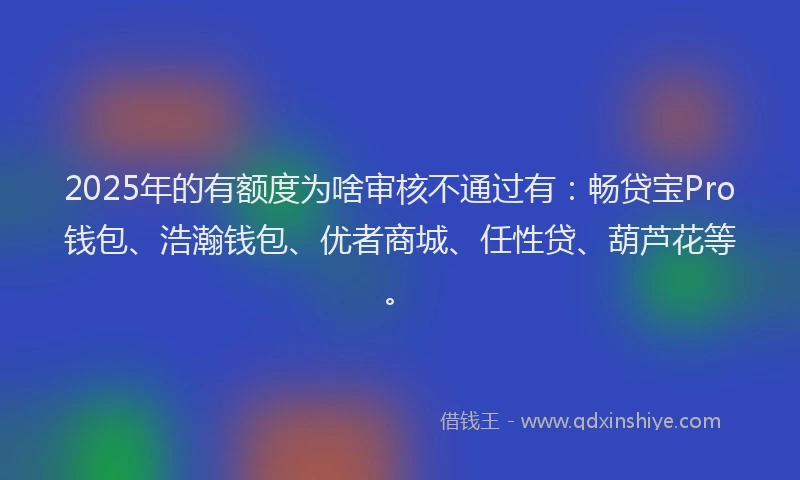 2025年的有额度为啥审核不通过有:畅贷宝Pro钱包、浩瀚钱包、优者商城、任性贷、葫芦花等。