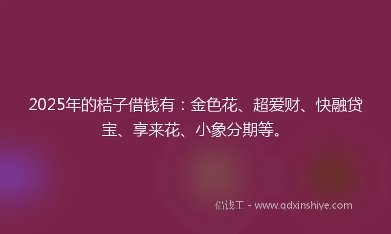 2025年的桔子借钱有：金色花、超爱财、快融贷宝、享来花、小象分期等。