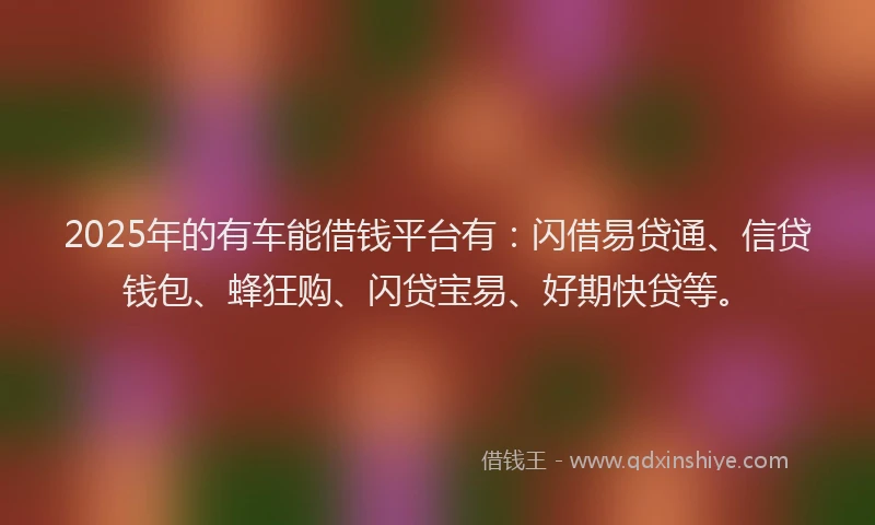 2025年的有车能借钱平台有:闪借易贷通、信贷钱包、蜂狂购、闪贷宝易、好期快贷等。