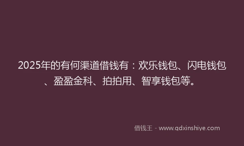 2025年的有何渠道借钱有：欢乐钱包、闪电钱包、盈盈金科、拍拍用、智享钱包等。