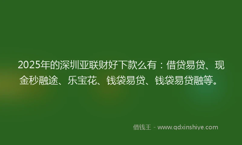 2025年的深圳亚联财好下款么有：借贷易贷、现金秒融途、乐宝花、钱袋易贷、钱袋易贷融等。