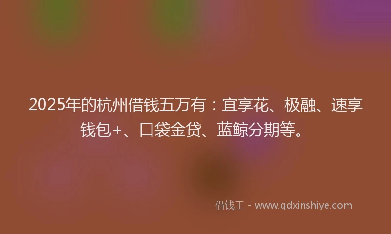 2025年的杭州借钱五万有:宜享花、极融、速享钱包+、口袋金贷、蓝鲸分期等。