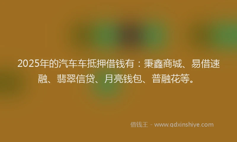 2025年的汽车车抵押借钱有：秉鑫商城、易借速融、翡翠信贷、月亮钱包、普融花等。