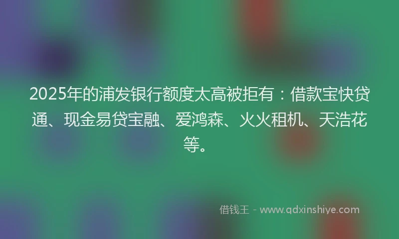 2025年的浦发银行额度太高被拒有：借款宝快贷通、现金易贷宝融、爱鸿森、火火租机、天浩花等。
