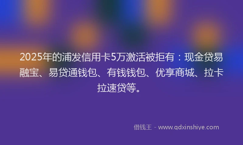 2025年的浦发信用卡5万激活被拒有:现金贷易融宝、易贷通钱包、有钱钱包、优享商城、拉卡拉速贷等。