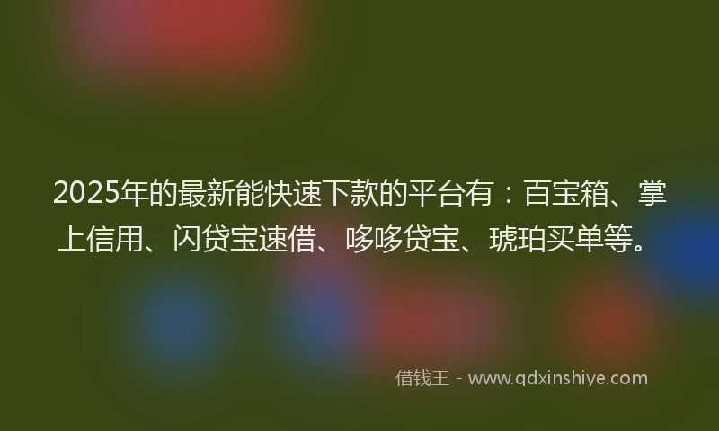 2025年的最新能快速下款的平台有：百宝箱、掌上信用、闪贷宝速借、哆哆贷宝、琥珀买单等。